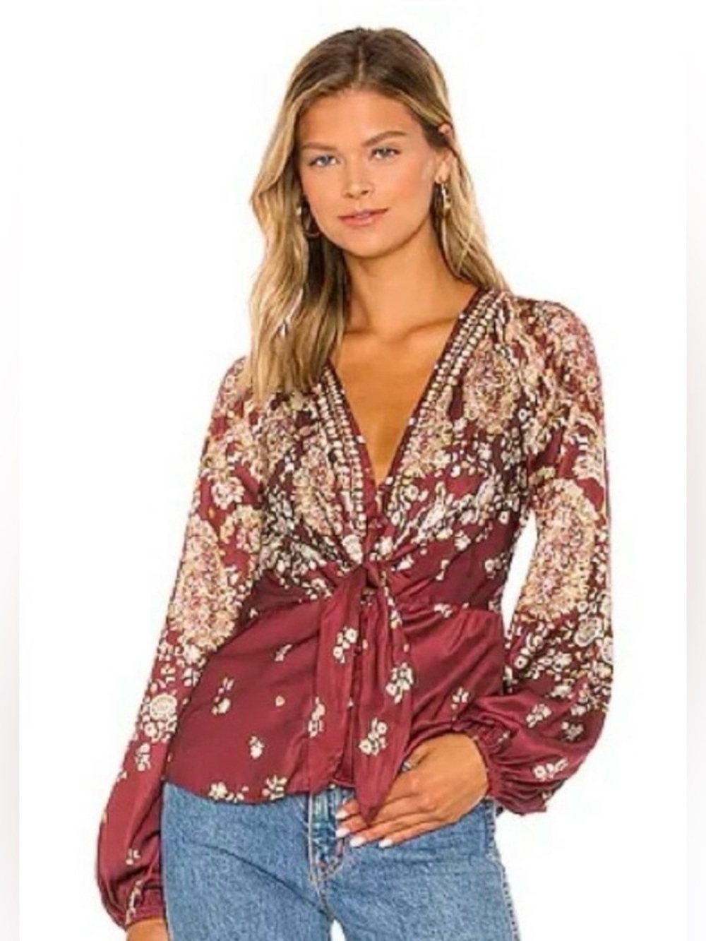 Free people Run free floral blouse in a chocolate combo color ballon sleeve sz s